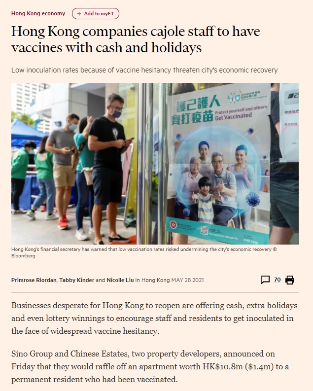 Mr Michael Szeto was interviewed by Financial Times on potential legal issues with compulsory employees vaccination