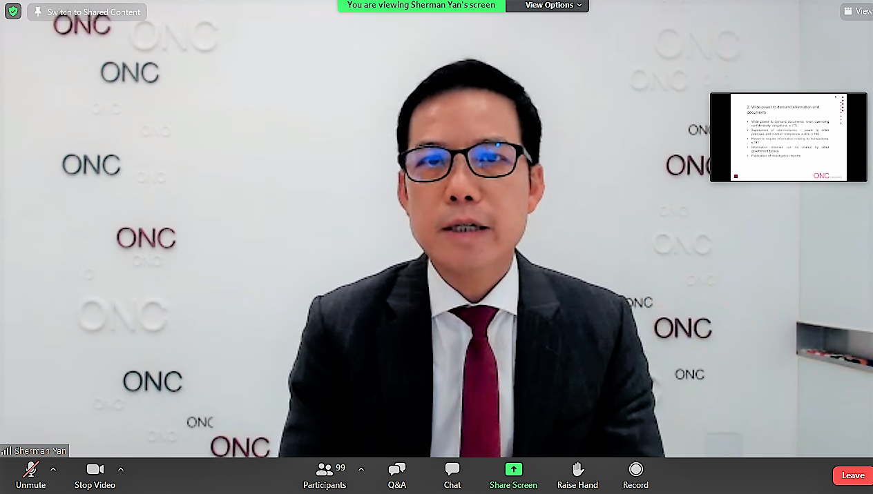 Sherman Yan of ONC Lawyers gave a webinar organized by the HKICPA on regulatory investigations by the SFC in Hong Kong