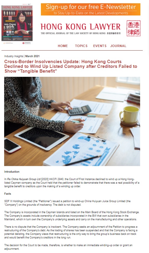 Cross-Border Insolvencies Update: Hong Kong Courts Declined to Wind Up Listed Company after Creditors Failed to Show “Tangible Benefit”