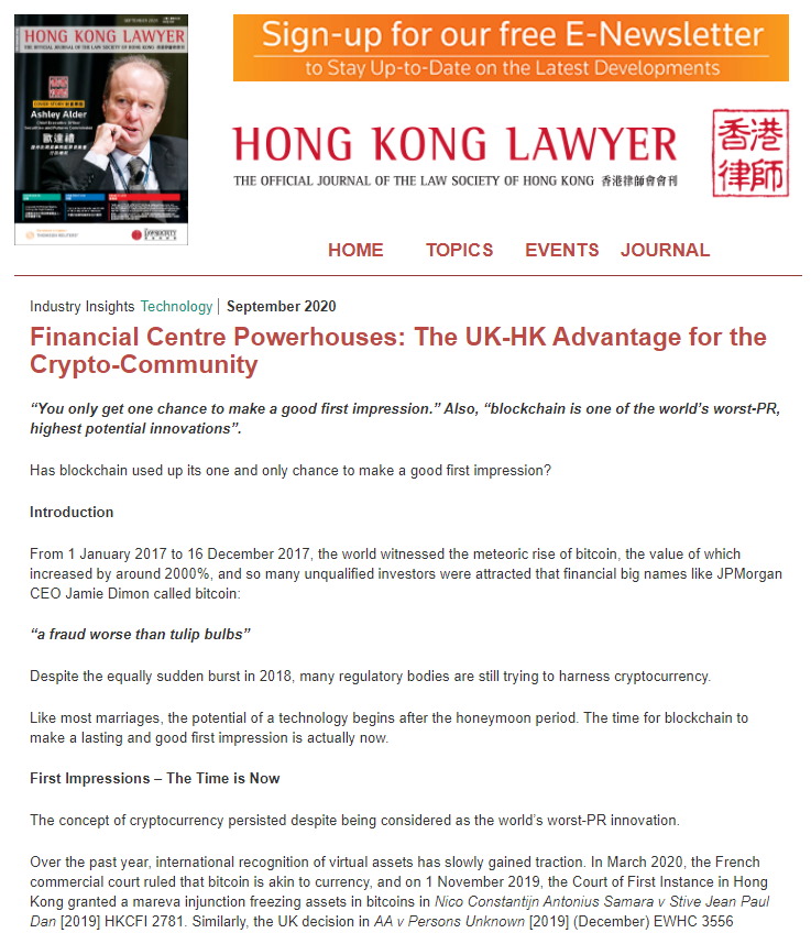 Mr Joshua Chu co-authored an article on cryptocurrency and its regulation for Hong Kong Lawyer and Lexology