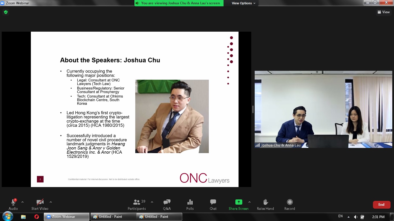 Mr Joshua Chu of ONC Lawyers presented a CPD webinar for LexOmnibus on cyptocurrency