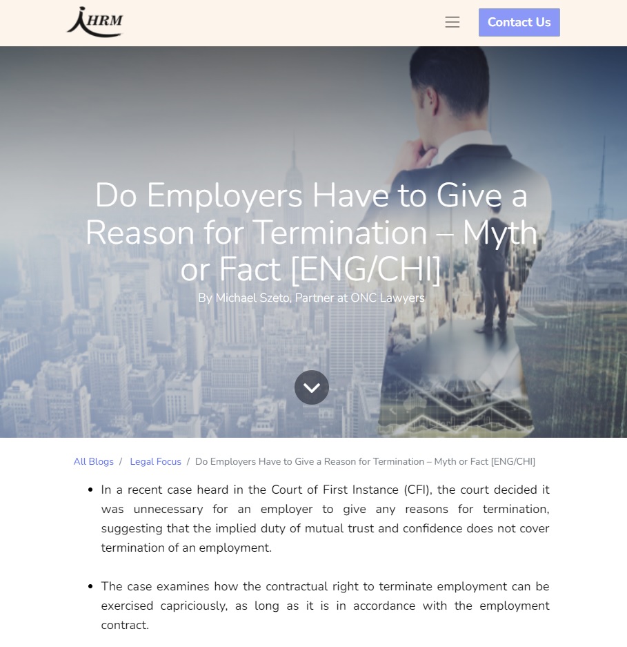 Mr Michael Szeto wrote an article for Human Resources on the necessity of giving a reason upon termination of employees