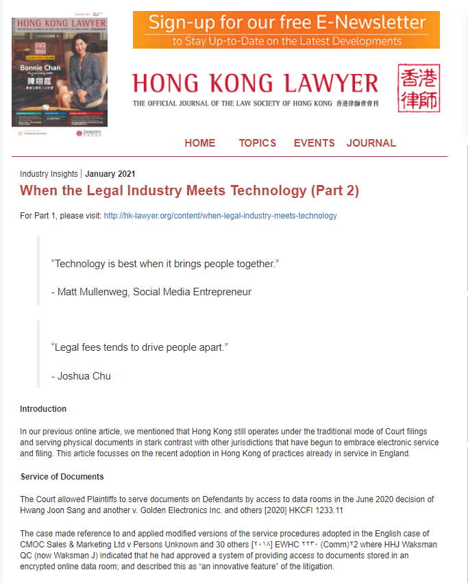 Mr Joshua Chu co-authored an article on the use of technology in the legal industry for Hong Kong Lawyer and Lexology
