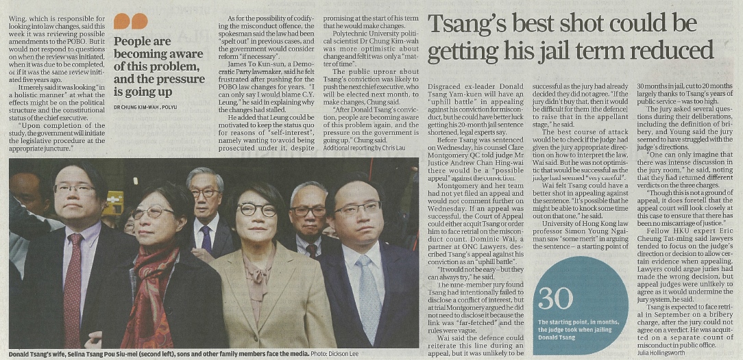 Tsang’s best shot could be getting his jail term reduced (updated: Donald Tsang faces ‘uphill’ appeal battle but has better shot at getting jail term cut, lawyer says)