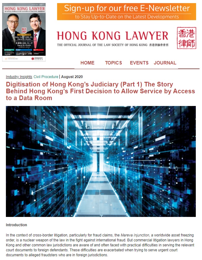 Joshua Chu of ONC Lawyers co-wrote an article on the digitisation of Hong Kong’s Judiciary for Hong Kong Lawyer and Lexology