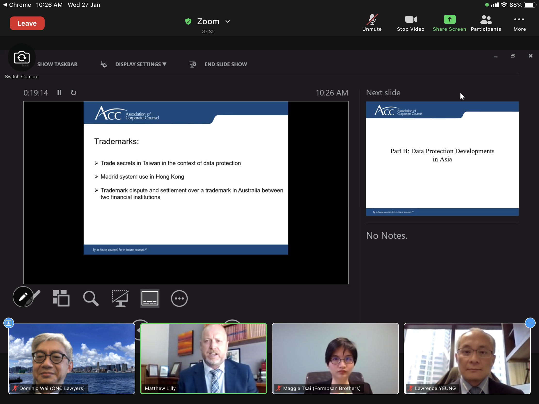 Mr Dominic Wai and Mr Lawrence Yeung co-presented in a webinar for the Association of Corporate Counsel on latest IP developments and data protection in Asia
