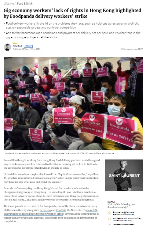 Mr Michael Szeto was interviewed by SCMP on whether gig workers are independent contractors or employees