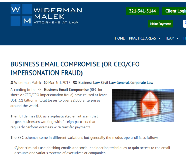 Mr Dominic Wai contributed an article to Widerman Malek’s blog on business email compromise